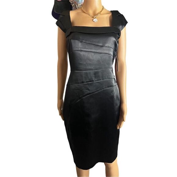 New York & Company Women's Black Satin Sheath Dress Size 6 Knee Length Formal - Picture 3 of 7